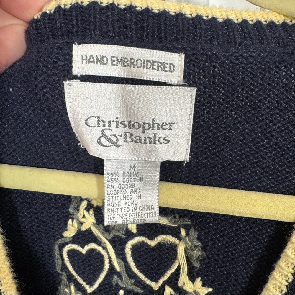 Vtg Hand-knit Christopher & Banks Sweater Vest Navy Yellow Hearts Flowers - Picture 2 of 5
